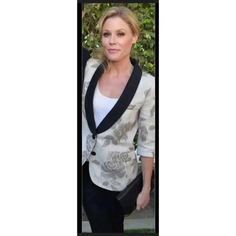 Smythe Tan Metallic Glitter Rose Contrast Lapel Wool Linen‎ Blend Blazer Size 4